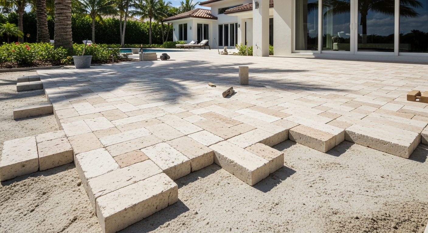A stable, compacted base is leveled using professional-grade sand and compaction materials. Your travertine, paver, or concrete deck is installed with precision for lasting durability.