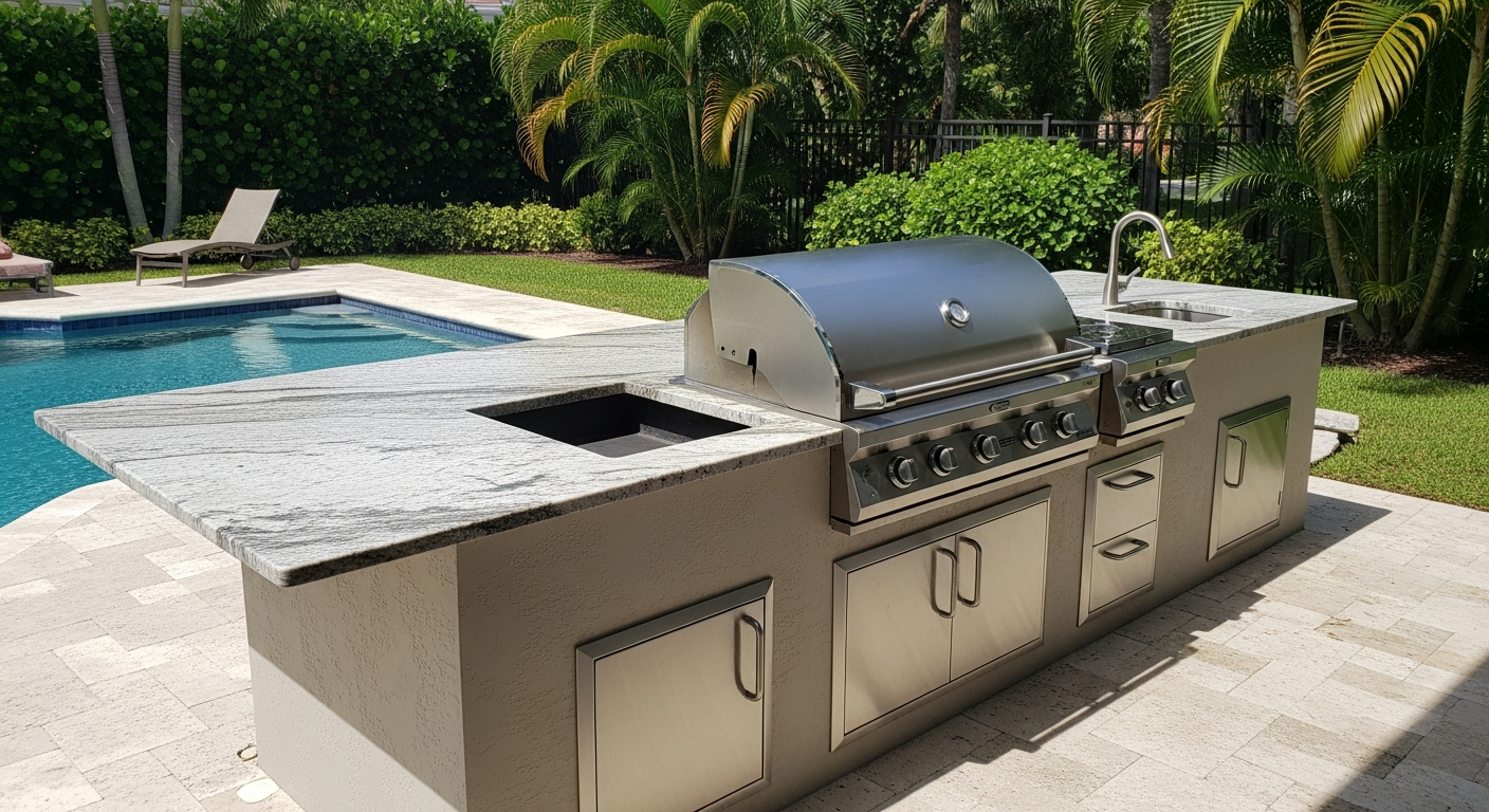 Expert framing, stucco texture, premium countertops, professional-grade appliances, and all components installed β your custom Florida outdoor kitchen built for year-round use.