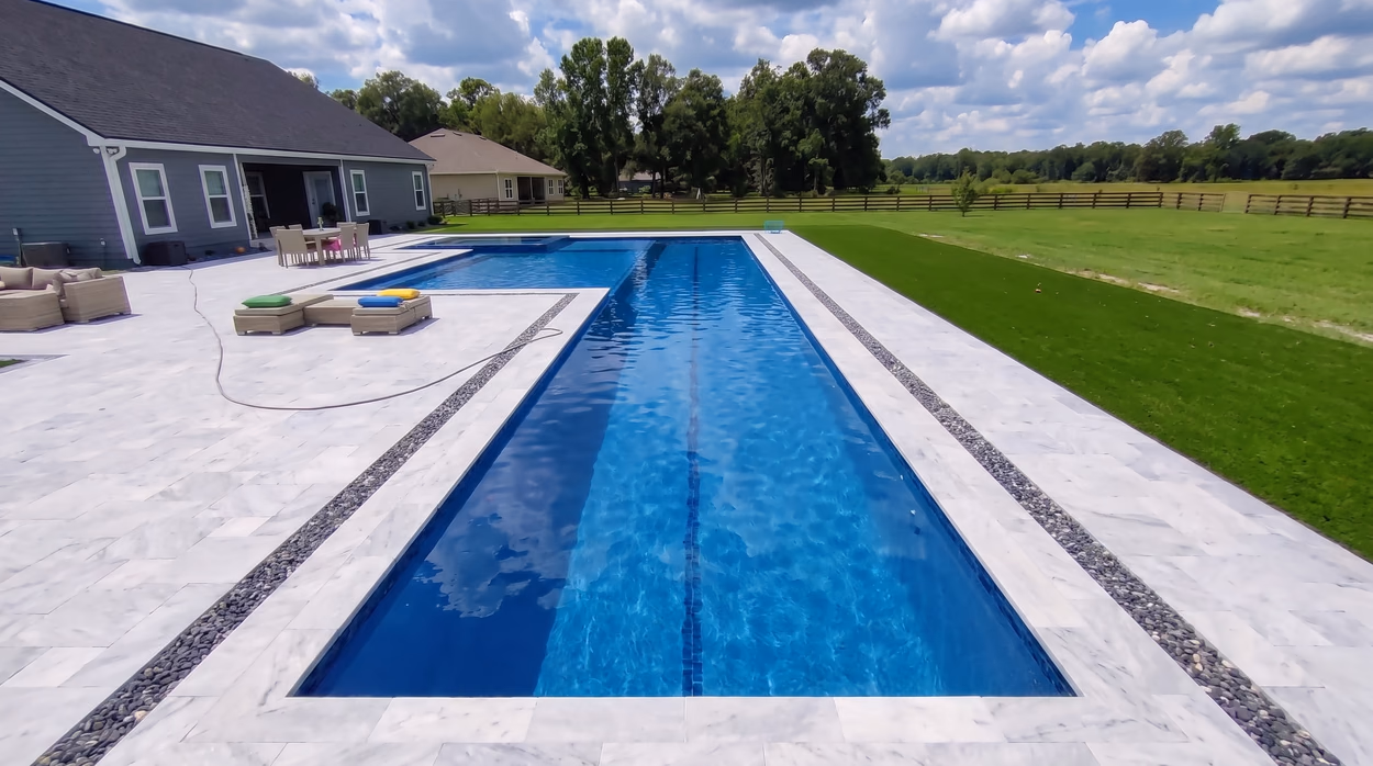 Rectangular lap pool with a sun shelf and wide paver deck overlooking open pasture on a North Florida estate.