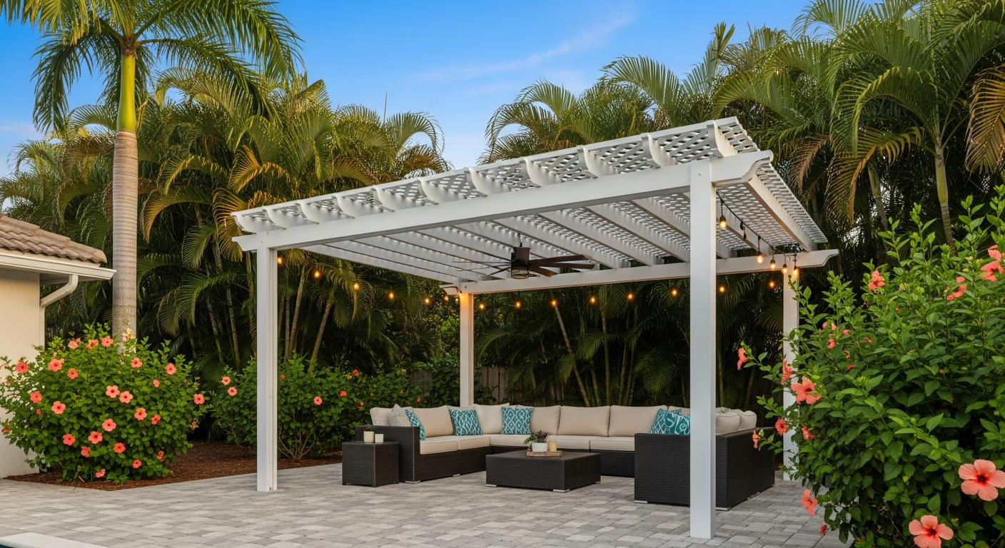 Stunning custom aluminum pergola completed by Mr. & Mrs. Outdoor Living, enhancing a Florida outdoor living space
