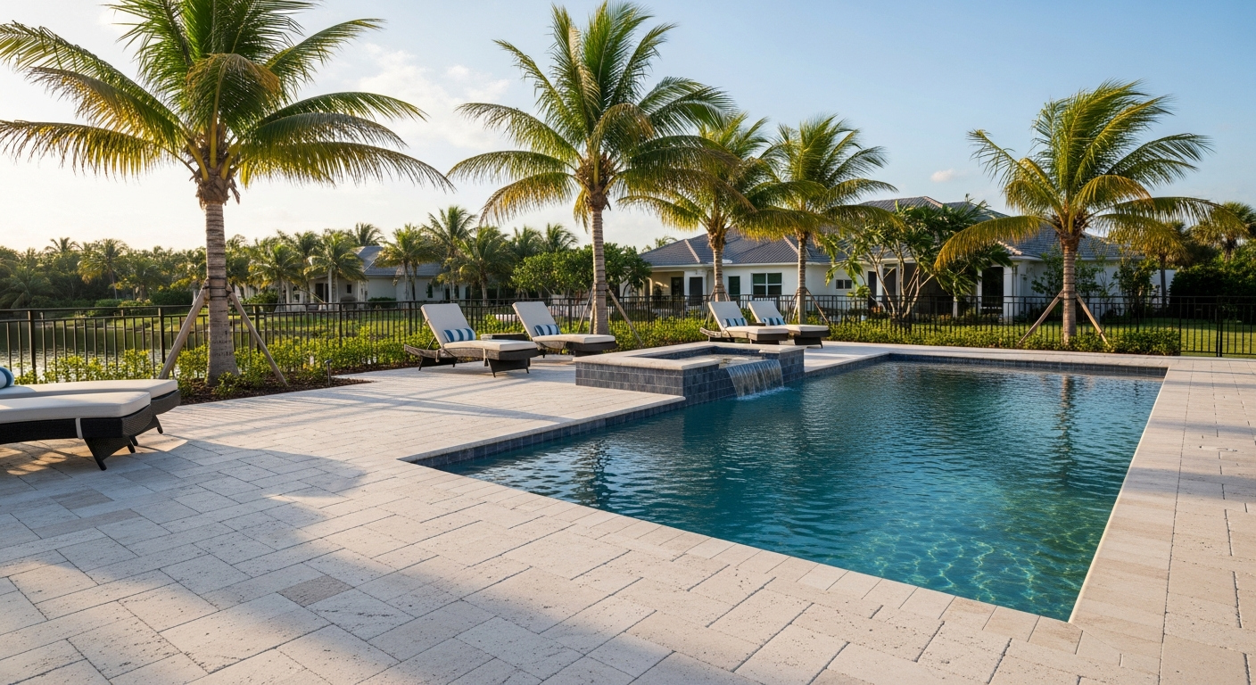 Custom travertine pool deck completed by Mr. & Mrs. Outdoor Living, transforming a Florida backyard