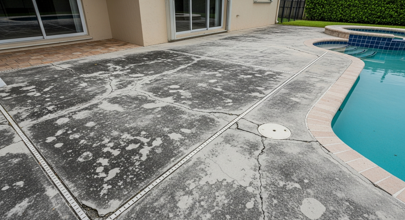 Cracked concrete patio before custom deck installation by Mr. & Mrs. Outdoor Living in Florida