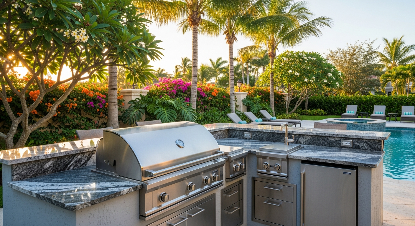 Chef-ready custom outdoor kitchen completed by Mr. & Mrs. Outdoor Living, enhancing a Florida backyard