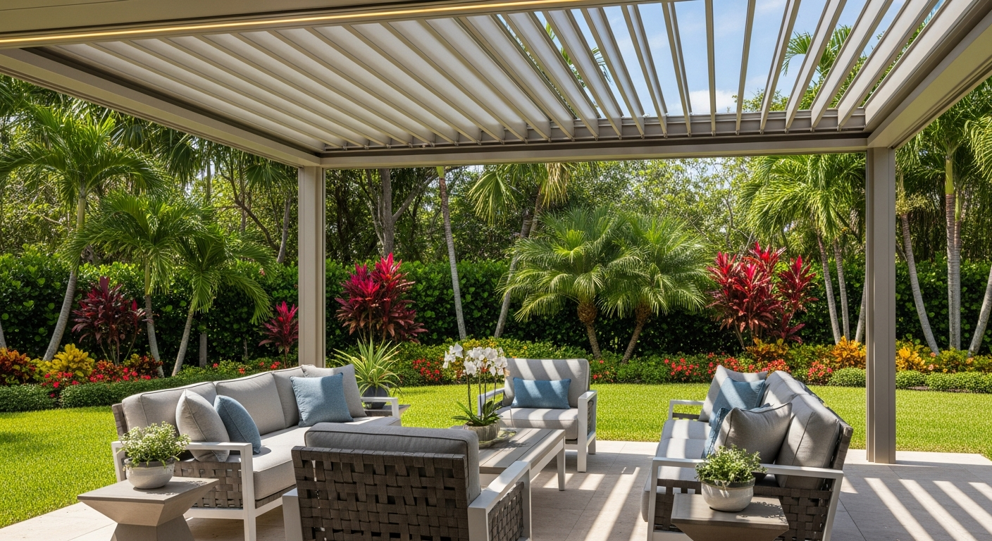 Elegant motorized louvered roof system installed by Mr. & Mrs. Outdoor Living, creating a year-round outdoor room in Florida