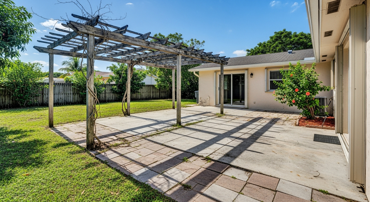 Open patio exposed to harsh Florida sun before motorized louvered roof installation by Mr. & Mrs. Outdoor Living