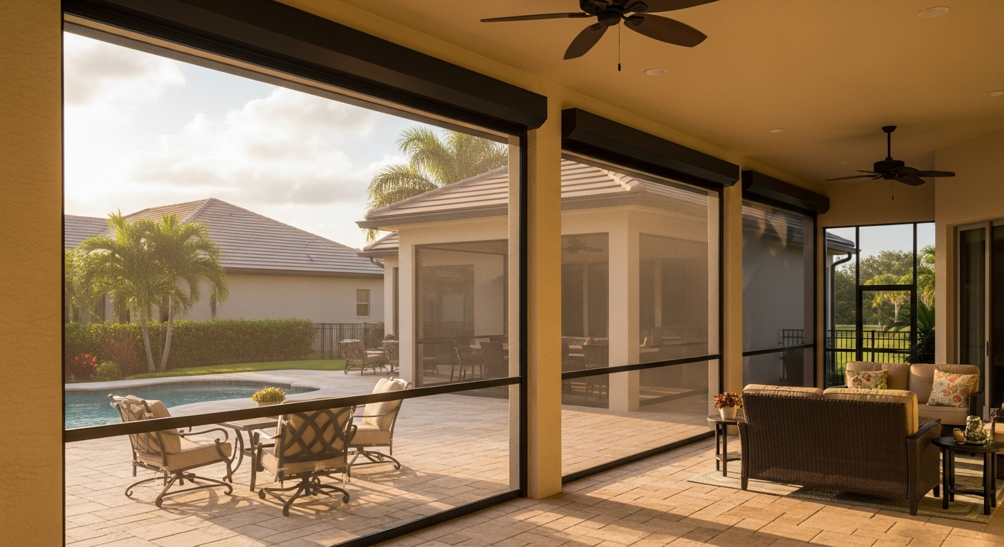 Bug-free outdoor living space with motorized retractable screens installed by Mr. & Mrs. Outdoor Living in Florida