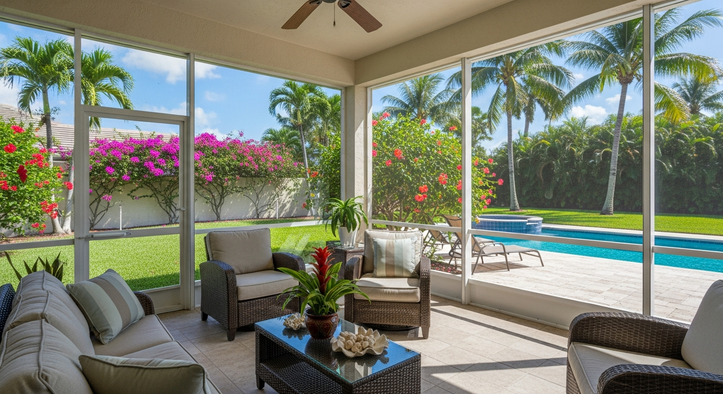 Comfortable enclosed patio screen room completed by Mr. & Mrs. Outdoor Living in Florida