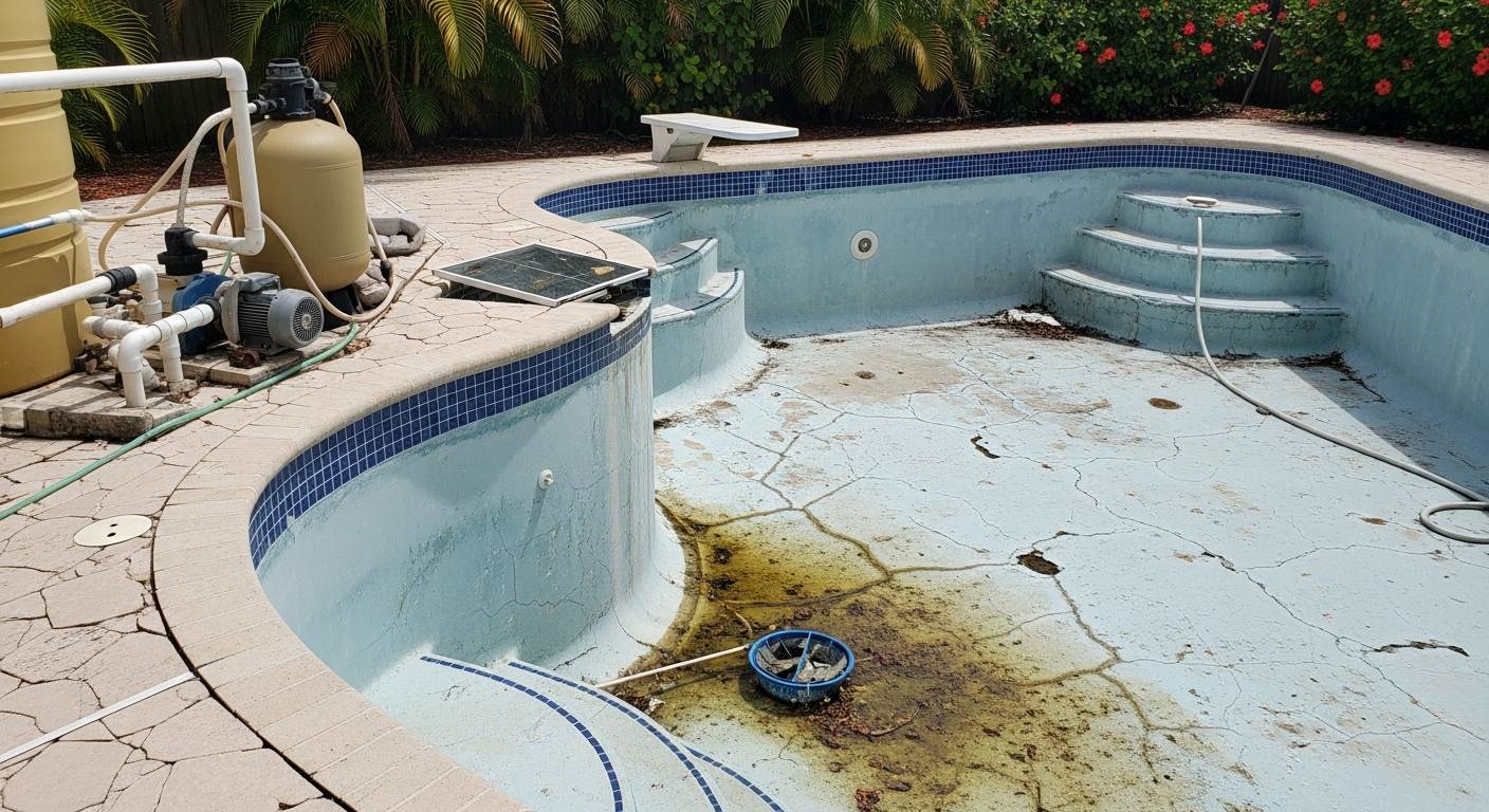 Worn-out Florida pool before professional remodeling by Mr. & Mrs. Outdoor Living