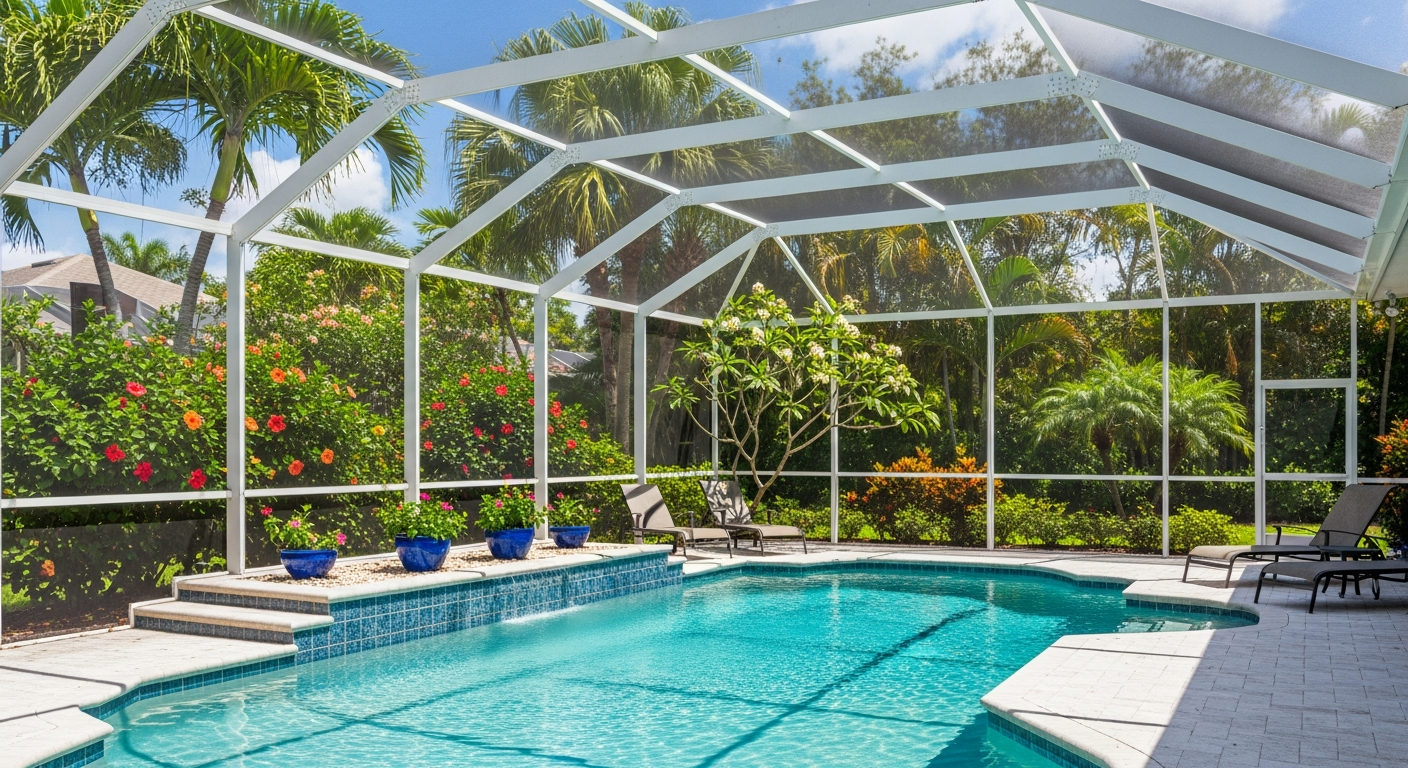 Protected pool screen enclosure completed by Mr. & Mrs. Outdoor Living, keeping a Florida pool clean and safe