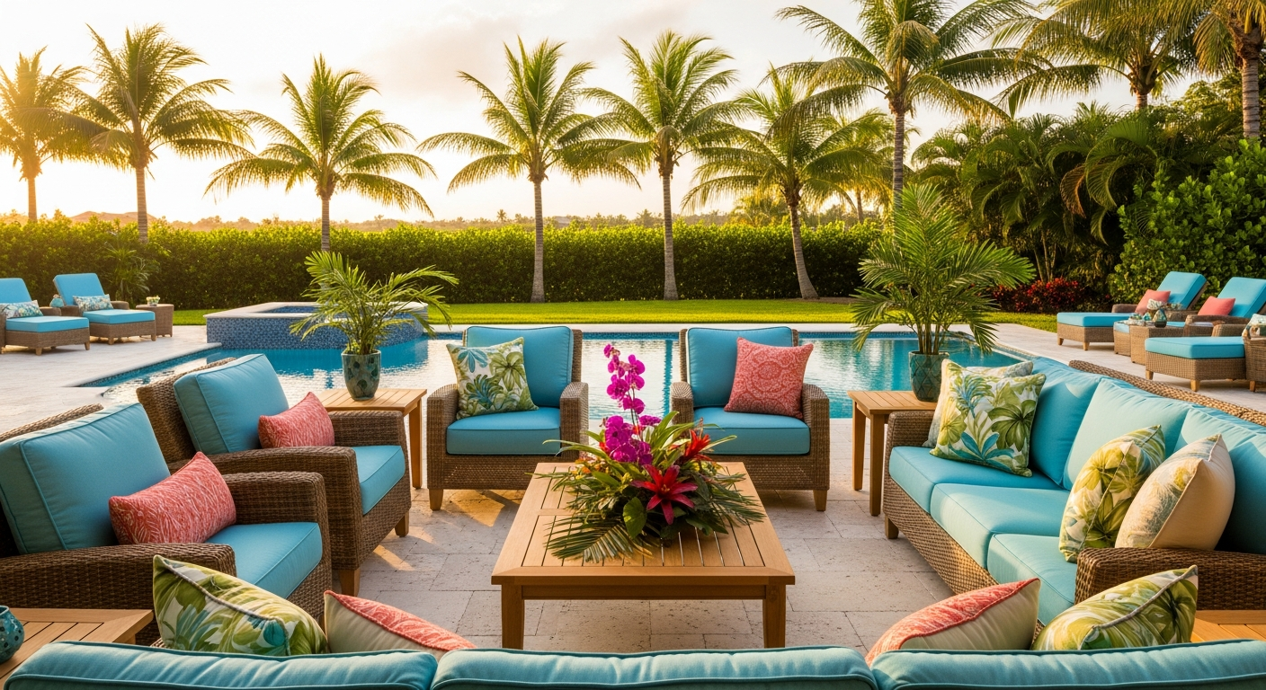 Styled outdoor living room with premium weather-resistant furniture installed by Mr. & Mrs. Outdoor Living in Florida