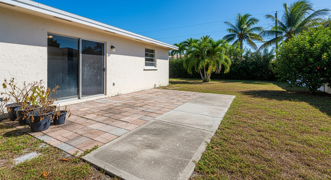 Empty Florida patio before premium outdoor furniture installation by Mr. & Mrs. Outdoor Living