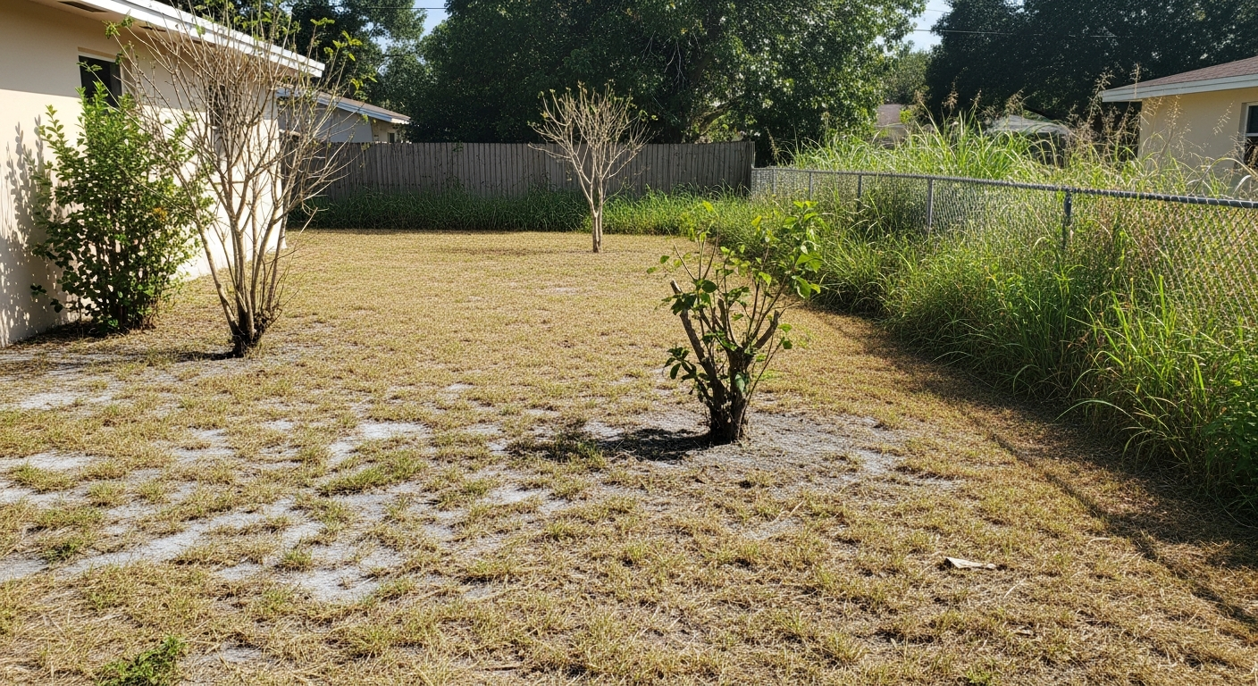 Neglected Florida yard before professional landscaping installation by Mr. & Mrs. Outdoor Living