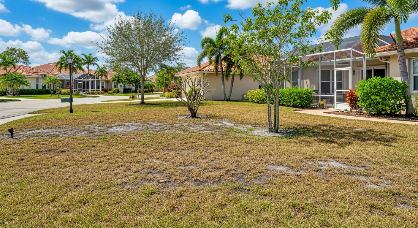Dry, brown lawn before smart irrigation system installation by Mr. & Mrs. Outdoor Living in Florida