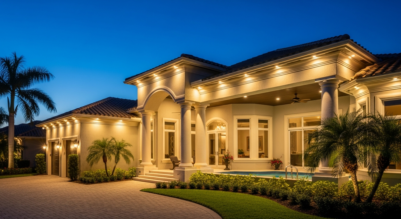 Beautifully illuminated Florida home exterior after smart LED soffit lighting by Mr. & Mrs. Outdoor Living