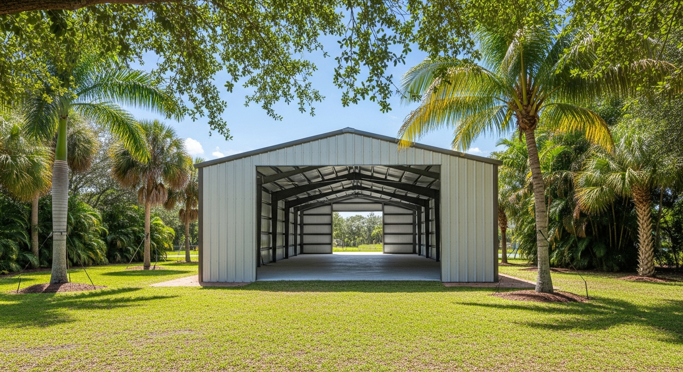 Durable hurricane-rated steel building completed by Mr. & Mrs. Outdoor Living on a Florida property